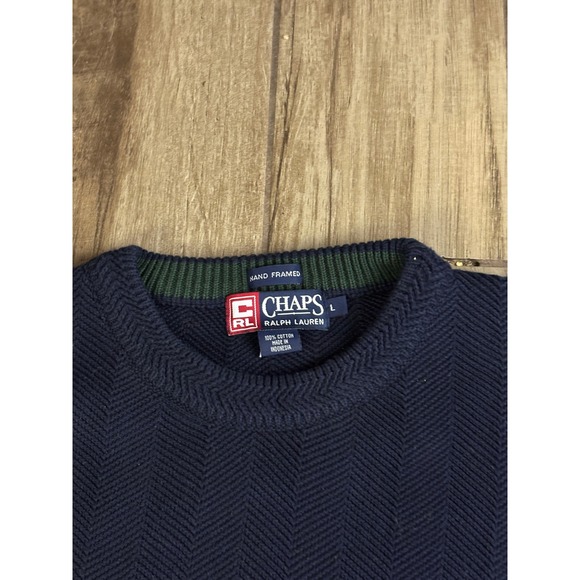 Vtg 90s Chaps Ralph Lauren Sweater Large Navy Crewneck Cotton Herringbone Knit - Picture 4 of 10